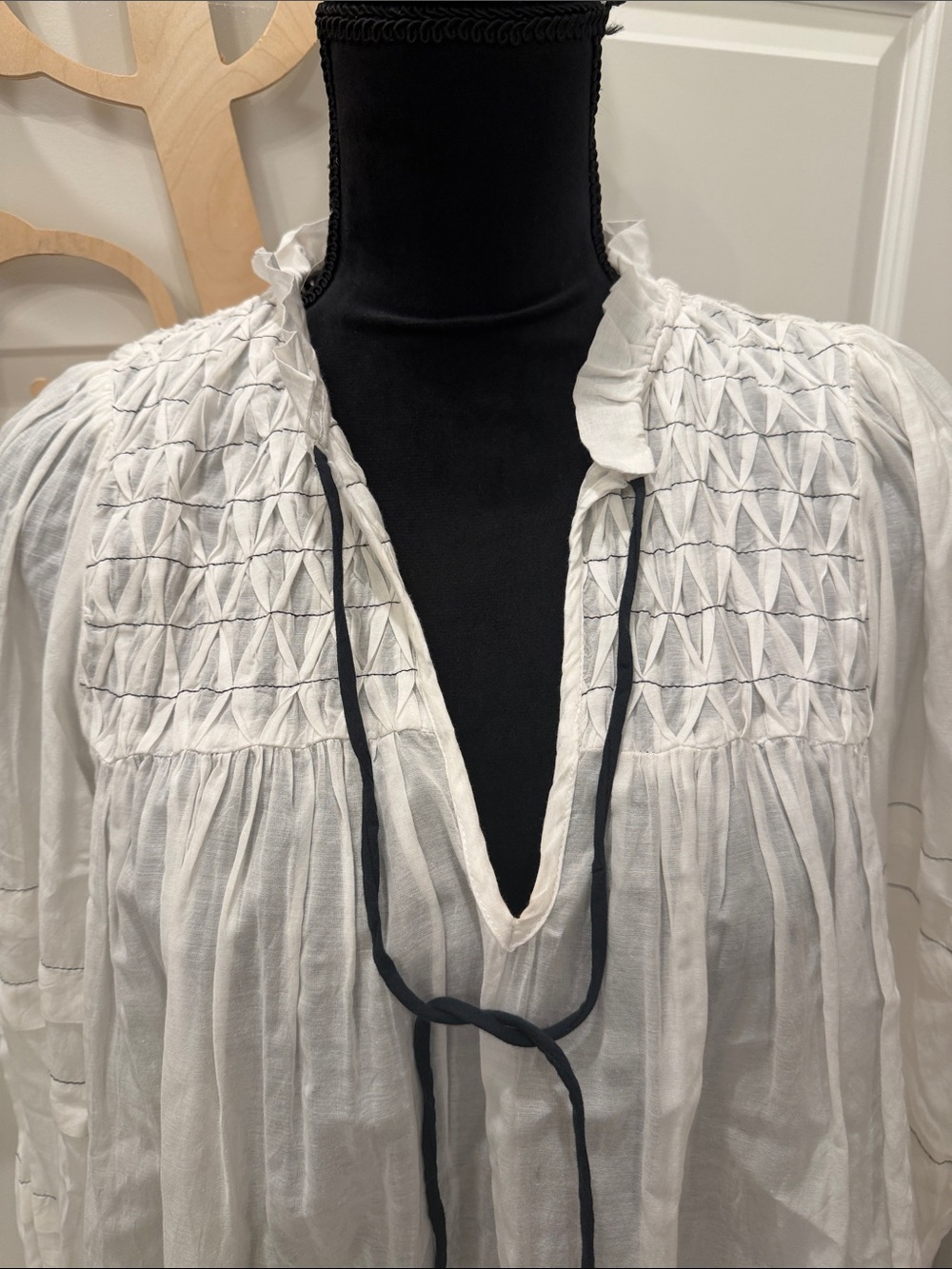 Anthropologie White Smocked Peasant Tunic with Navy Tie - Picture 2 of 5